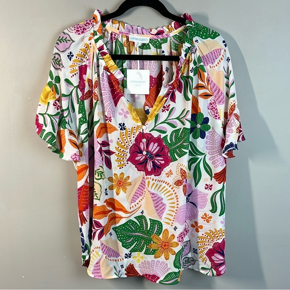 NWT Cynthia Rowley Floral Blouse Romantic Ruffle V-Neck Short Sleeve Size 2X